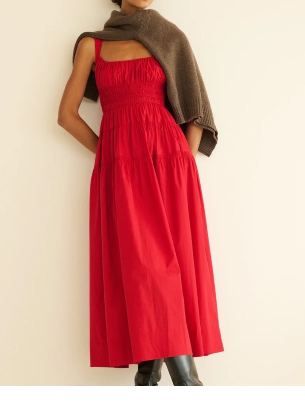 Doen Clover Red Dress Poplin Organic Cotton Tiered Sundress - Picture 4 of 15